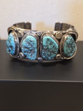 Navajo Signed MB Turquoise Cuff Bracelet - Kingman Mine Stones